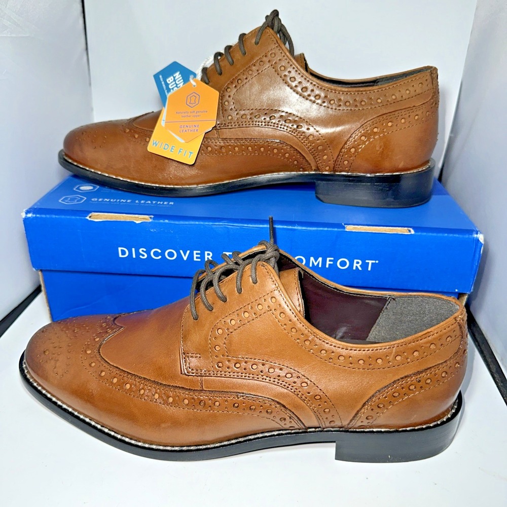 Nunn Bush Nelson Wingtip Oxford Dress Shoes Leather Cognac -9 1/2 Wide‎ - New